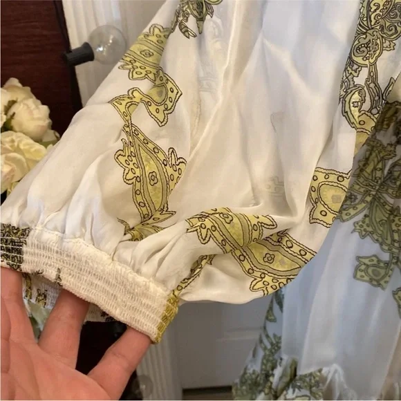 Roberto Cavalli White and Green Off-Shoulder silk Dress,
